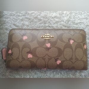 Coach Brown Signature Wallet Pink Heart Coated Canvas